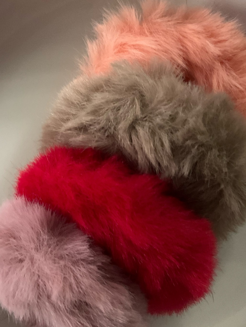 Set of 4 Fluffy Faux Fur Hair Scrunchies - Pink, Red, Taupe, Peach - Picture 2 of 7